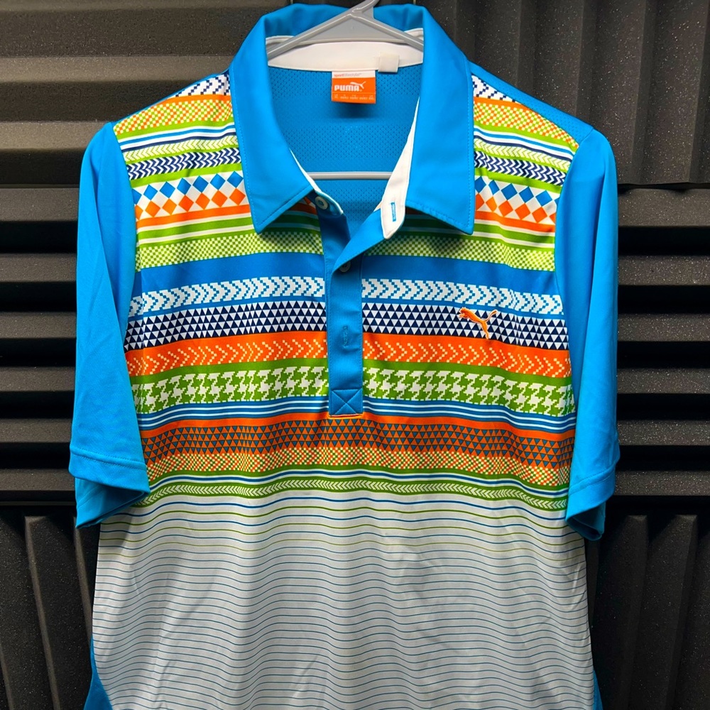 Puma Golf Polo Shirt XL Cool Cell Blue / White Patterns